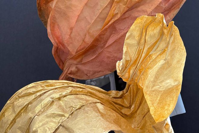 Bronze-toned leaf-shaped installations 