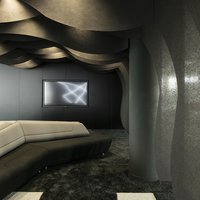 Low ceiling design. Black color material. 