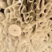 Slatted ceiling made from architectural paper. Ekaterina Fadeeva Studio, HeadHunter office 